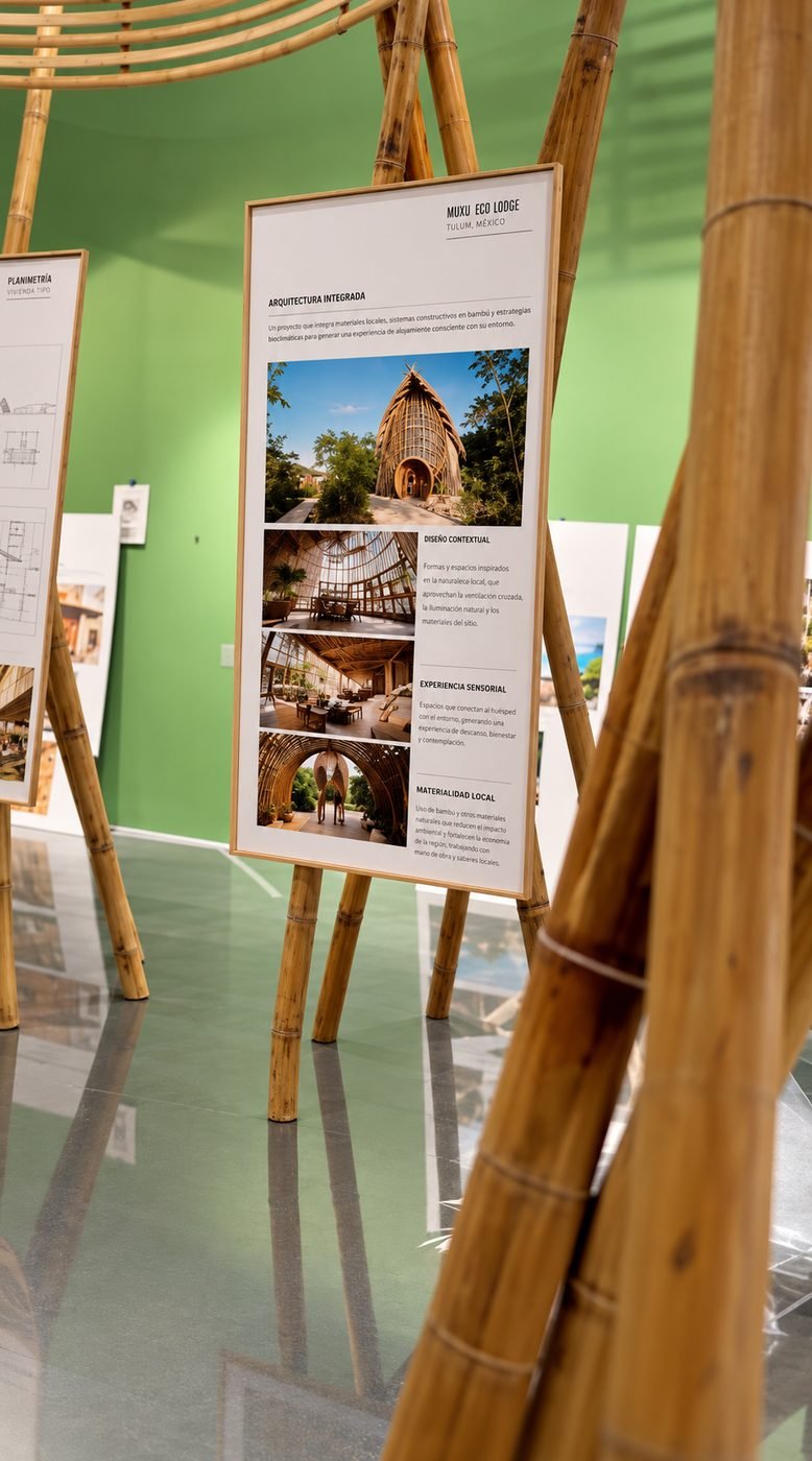 Sala del Centro Cultural de España con estructuras de bambú y atriles que exhiben fichas de proyectos; destaca el panel del Muxu Eco Lodge en Tulum.