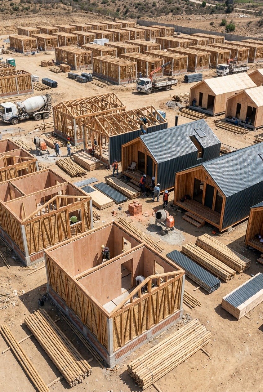 Vista aérea de un conjunto de viviendas en construcción con estructura de madera y bambú, operarios y materiales en obra.